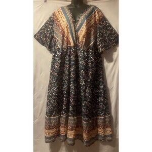 NWT KELUUMMI Blue Floral V-Neck Flutter Sleeve Maxi Dress 26 4X Boho Cottagecore